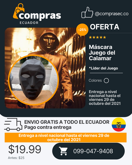 Máscara Líder Juego del Calamar (RECIBELA ANTES DE HALLOWEEN)